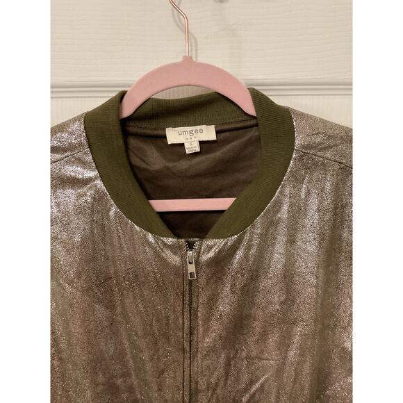 Umgee Metallic Olive Green Zip Up Bomber Jacket, S - Picture 2 of 5